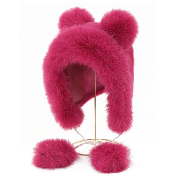 Bright Pink Fuchsia vegan fur hat.  Bear ears. Super soft - Picture 1 of 2